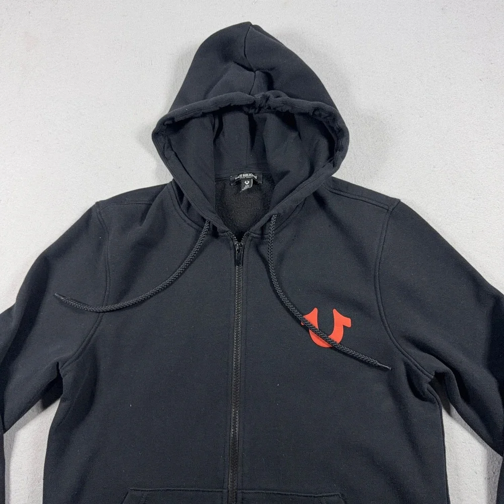 True Religion Zip Up Hoodie Men Small Graphic Logo Black Red Buddha Streetwear
